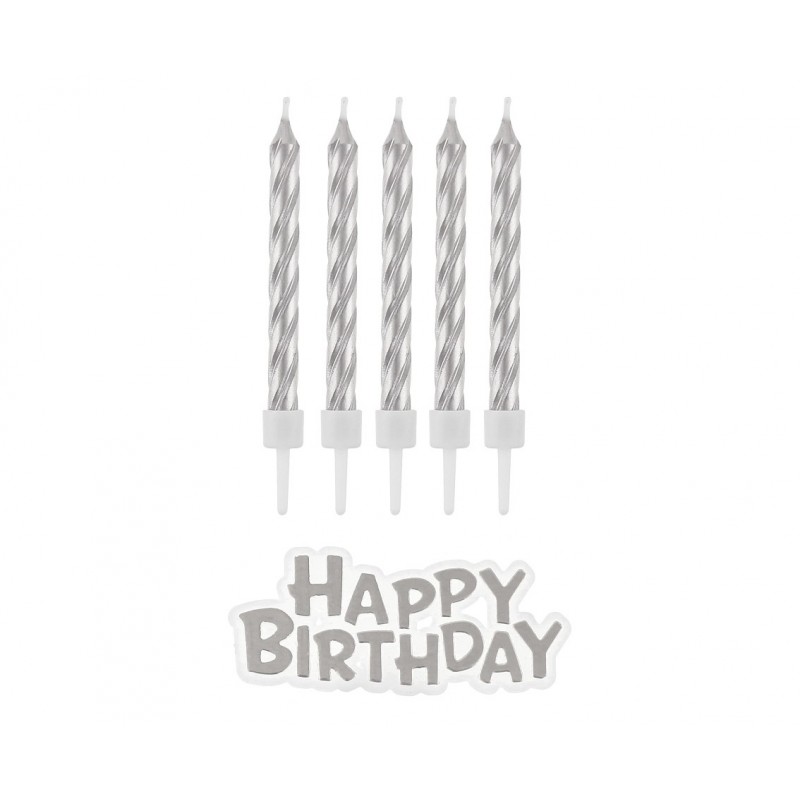 Świeczki urodzinowe  Happy Birthday- srebrne
