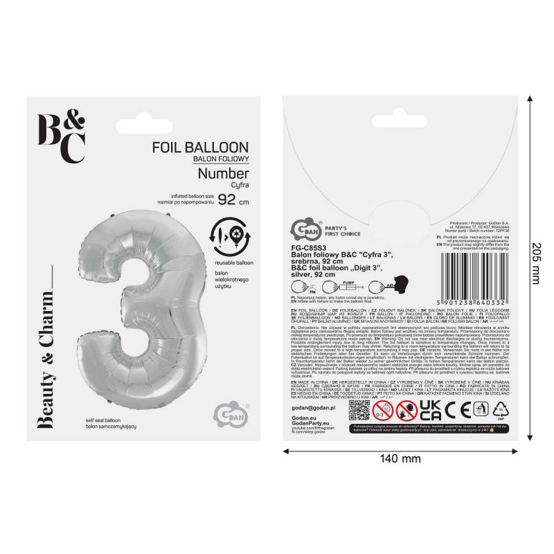 Balon foliowy- Cyferka srebrna 3