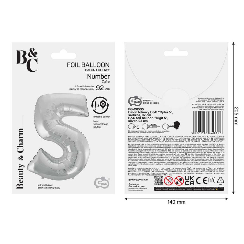 Balon foliowy- Cyferka srebrna 5