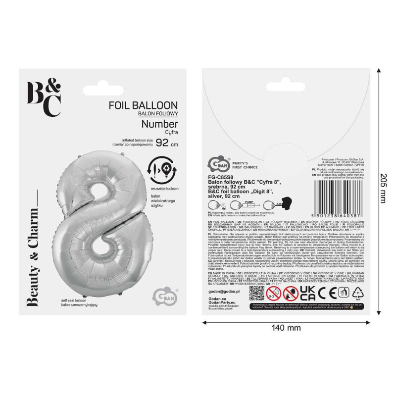 Balon foliowy- Cyferka srebrna 8