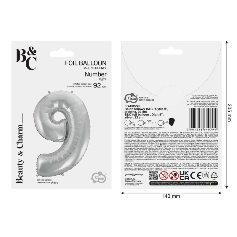 Balon foliowy- Cyferka srebrna 9